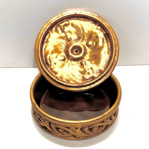 Rare Vtg Freeman & McFarlin Potteries Gold Round Covered Jewelry Trinket Box NEW - Picture 3 of 13